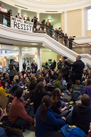 The Feb. 1, 2017, demonstration that resulted in the arrests of 70 students and community members in Baker Center. Photo showing students in rotunda and on stairs and balcony.