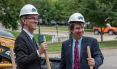 From left, Interim Dean Joseph Shields and Chemistry Professor Peter Harrington at the chemistry groundbreaking.