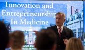 Dr. Frank Papay, chair of the Dermatology and Plastic Surgery Institute at the Cleveland Clinic, delivers a lecture titled “Innovation and Entrepreneurship in Medicine” at the Ohio University Heritage College of Osteopathic Medicine’s Cleveland Campus. Photo by Dustin Franz
